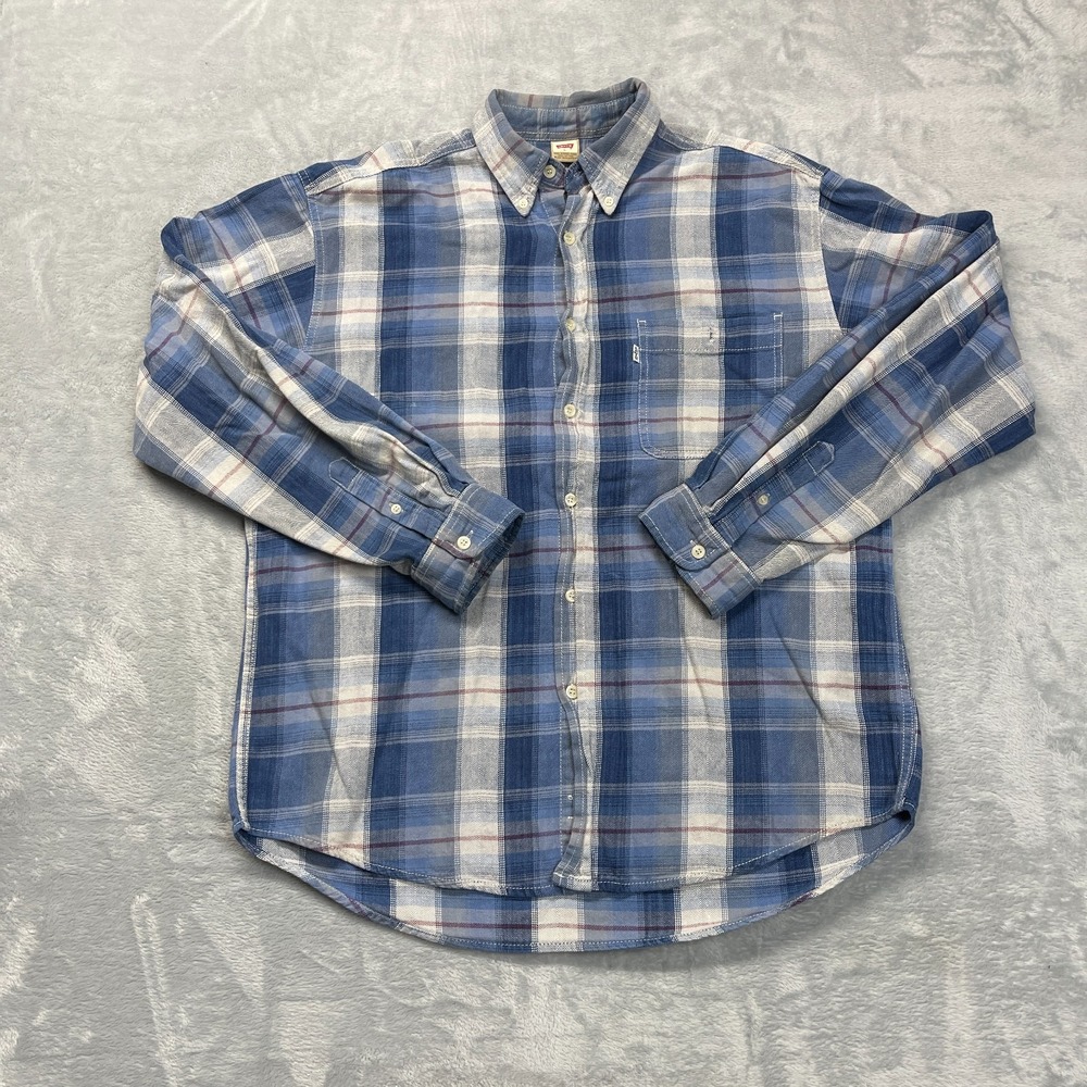 Levi's Shirt Mens Large Blue Plaid Long Sleeve Collared High Low Button Down